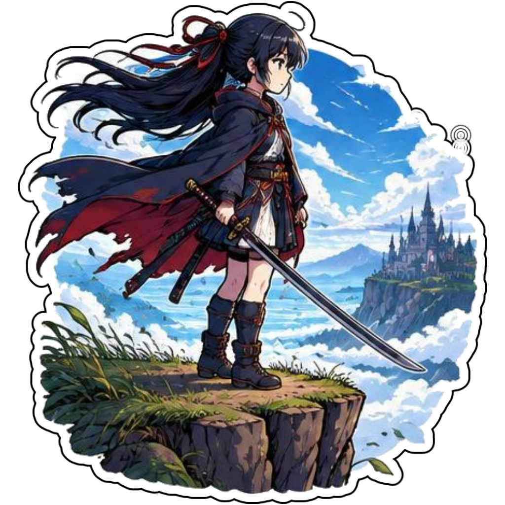 A girl with a sword on a windy cliff