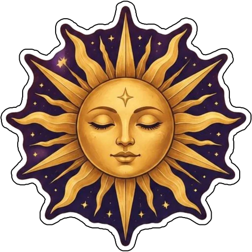A golden sun with a serene face