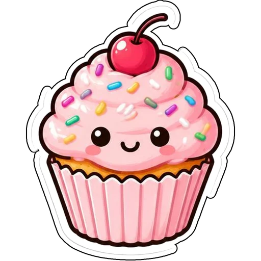 A pink frosted cupcake with sprinkles and a cherry