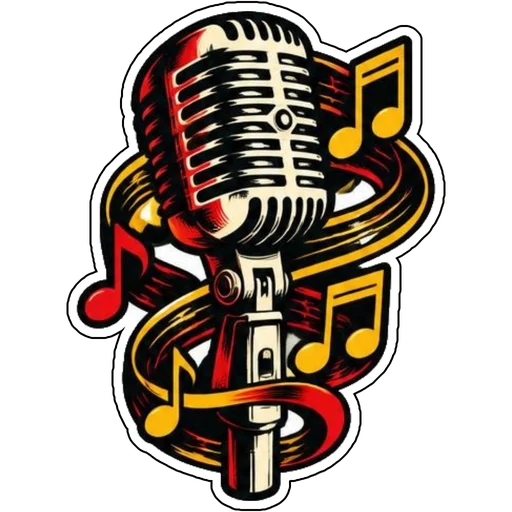 A retro microphone wrapped in music notes