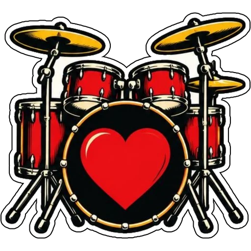 A drum kit with a heart on the bass drum