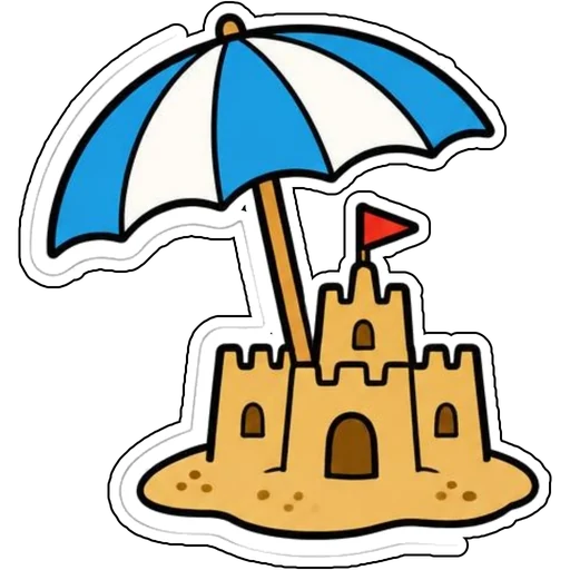 A beach umbrella beside a sandcastle