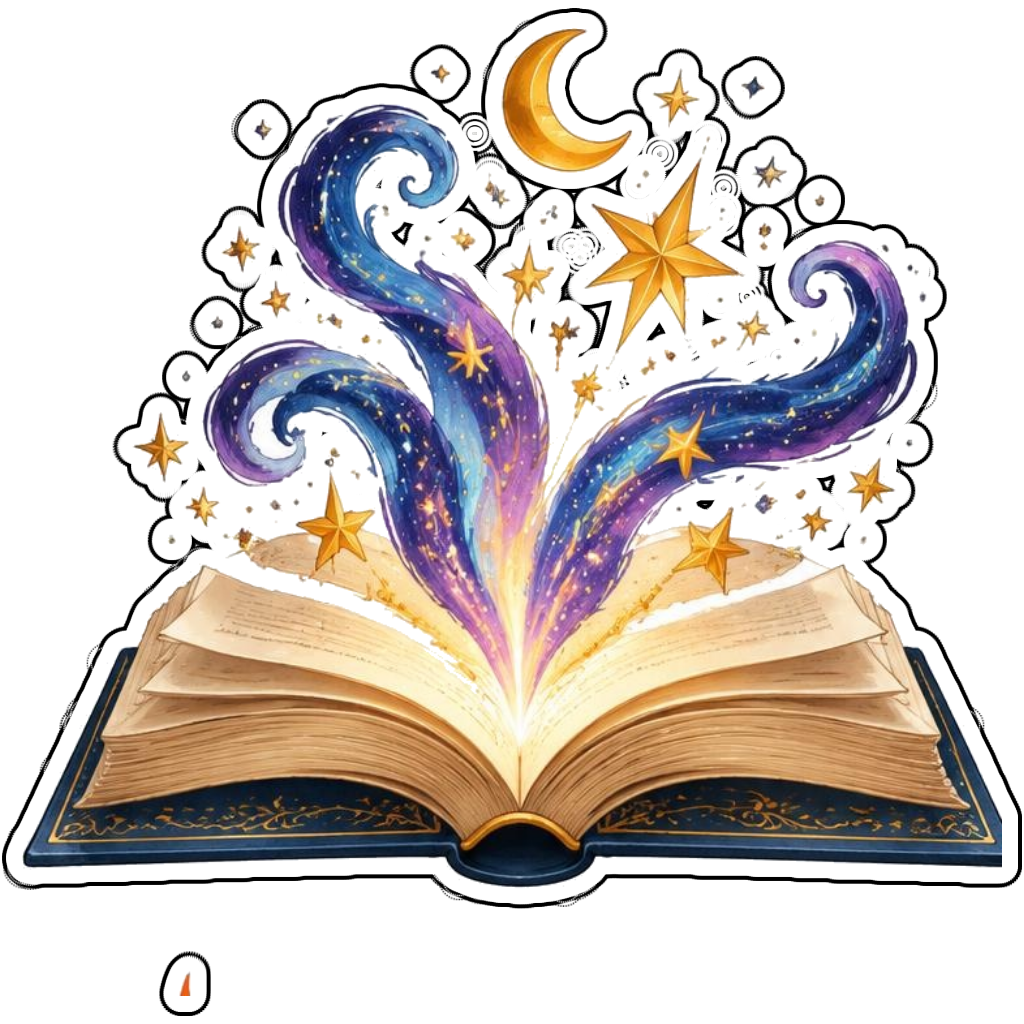 An open book releasing golden stars