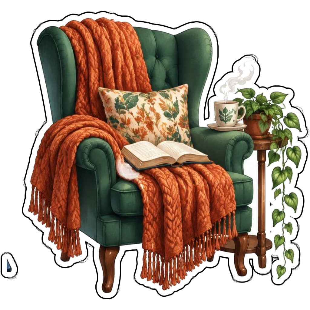 A green reading chair with an orange blanket and novel