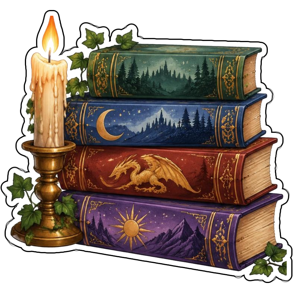 A stack of fantasy novels beside a candle