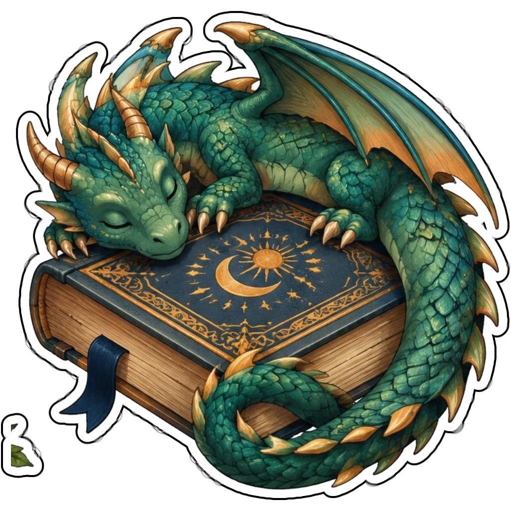 A tiny dragon sleeping around a closed book