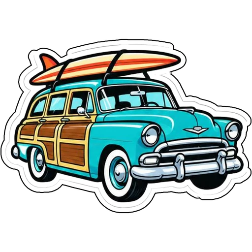 A retro station wagon carrying a surfboard