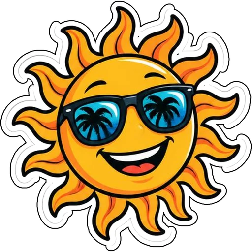 A grinning sun wearing palm-tree sunglasses