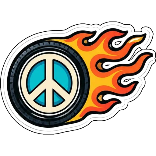 A peace-sign wheel trailing orange flames