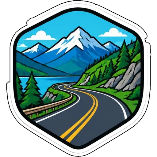A winding mountain highway inside a hexagon badge
