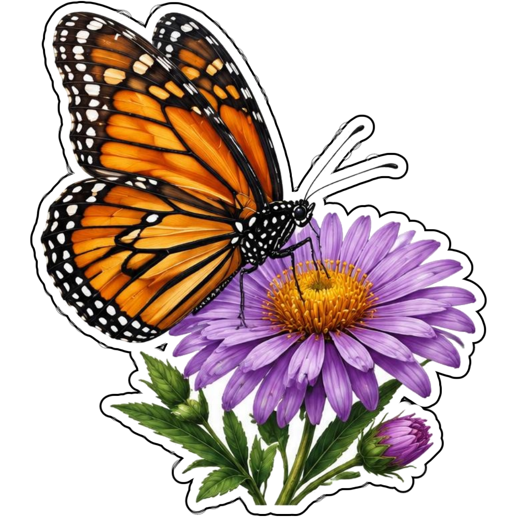 An orange monarch resting on a purple flower
