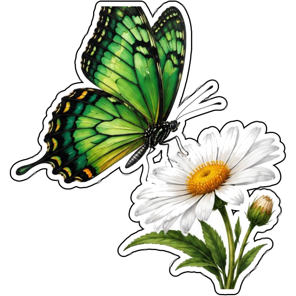 A green butterfly above a white daisy