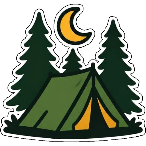 A tent under pine trees and a crescent moon