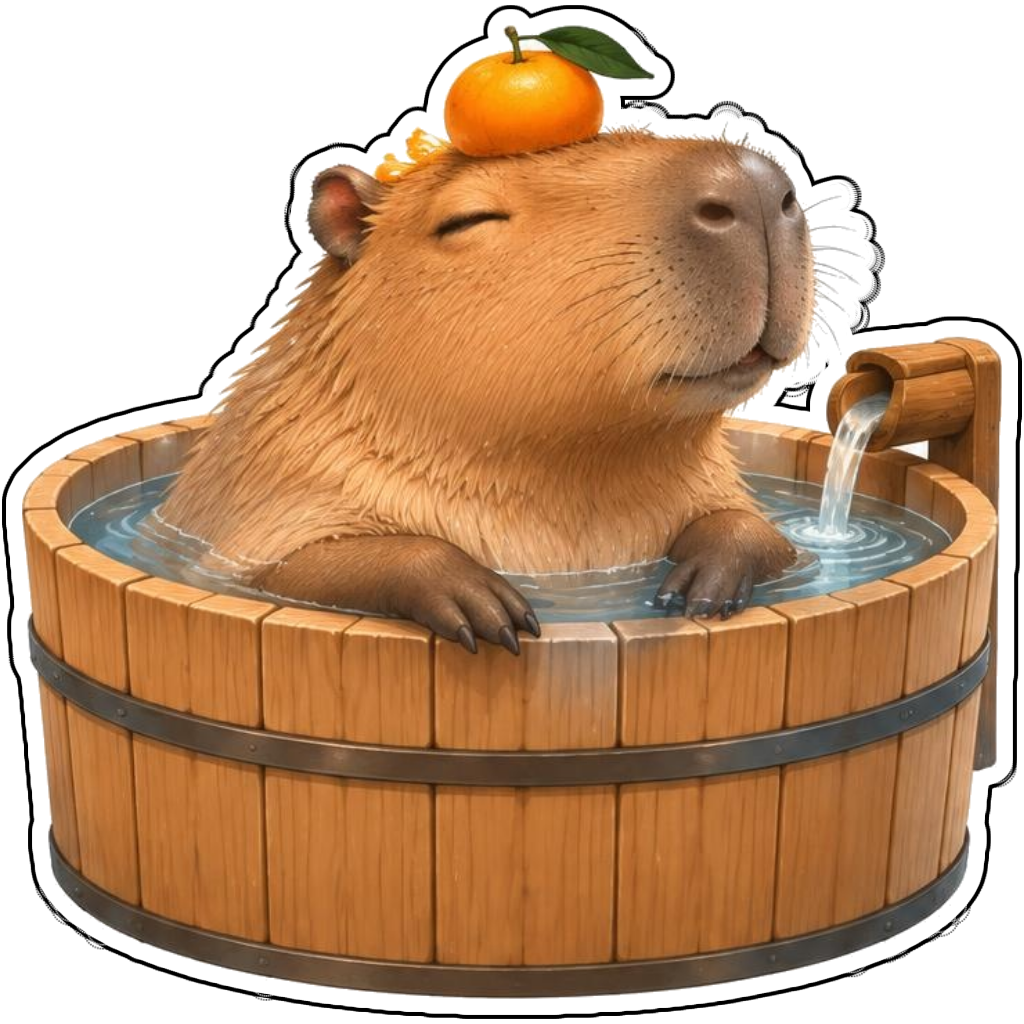A capybara in a wooden bath with an orange on its head