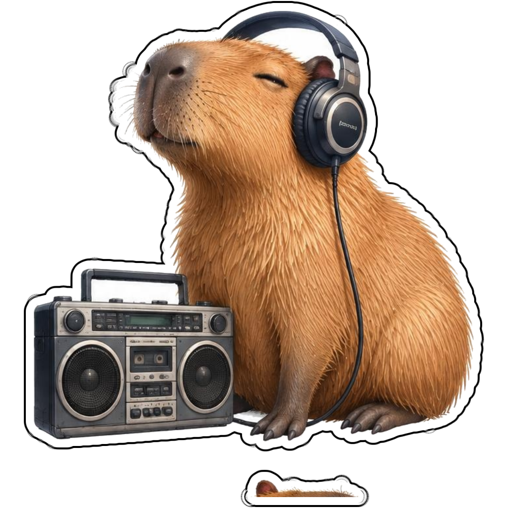 A capybara wearing headphones beside a boombox