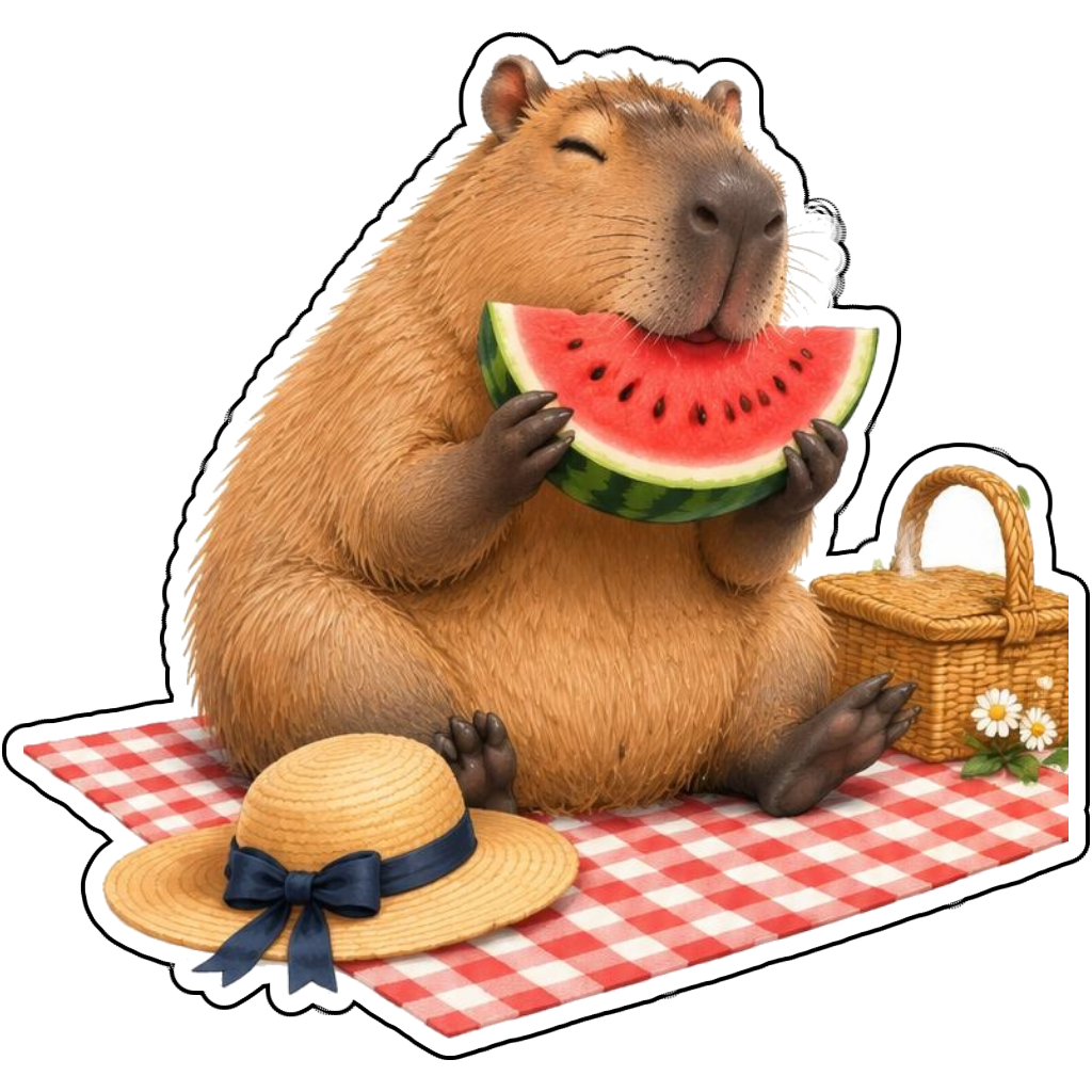 A capybara enjoying watermelon at a picnic