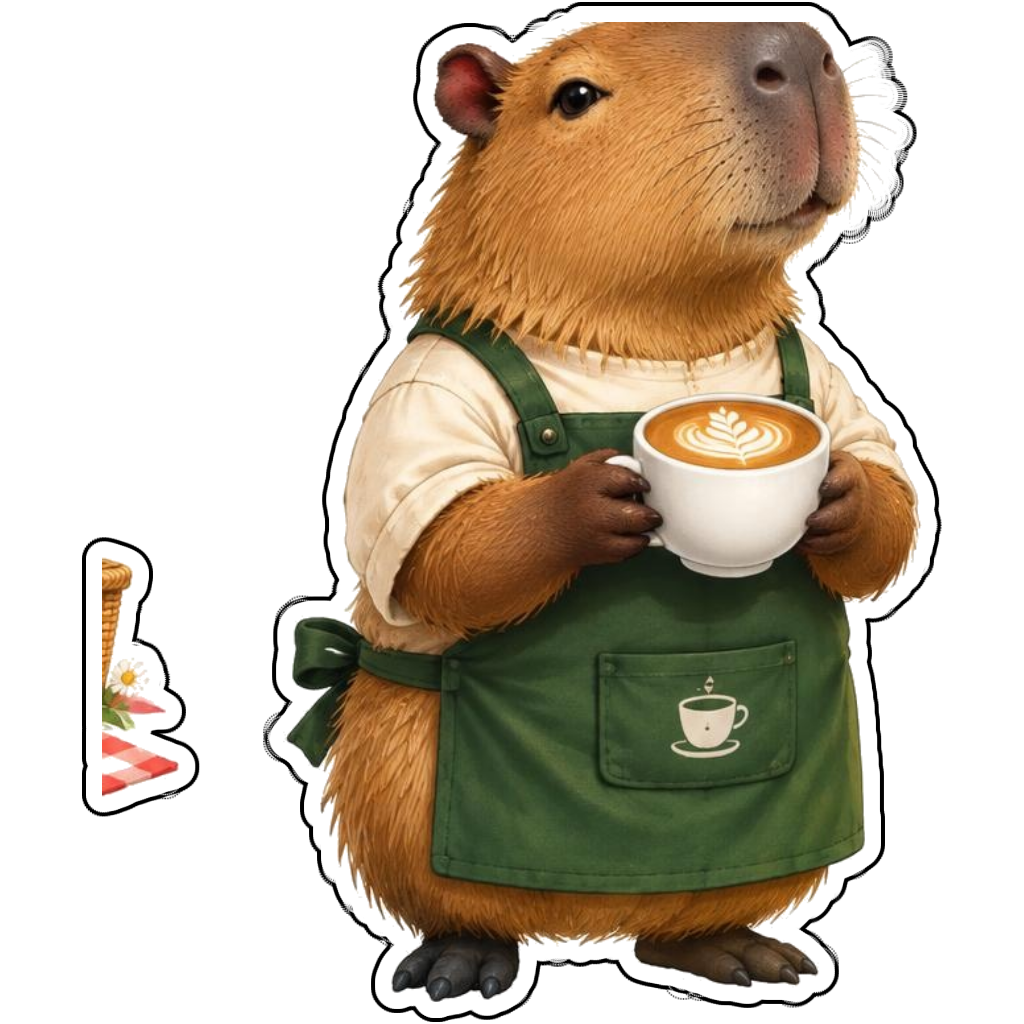 A capybara barista holding a latte