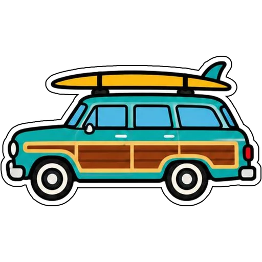 A retro surf wagon with a board on top