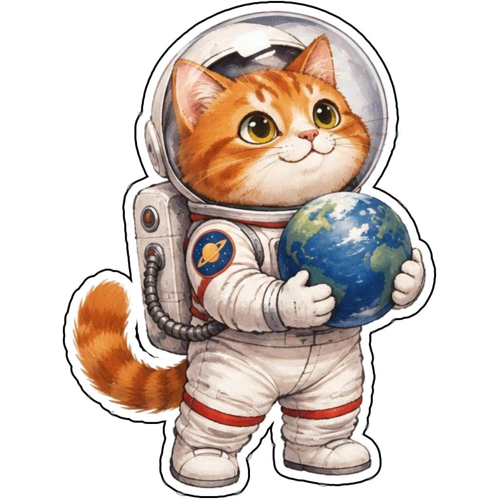 An orange tabby astronaut holding a tiny planet