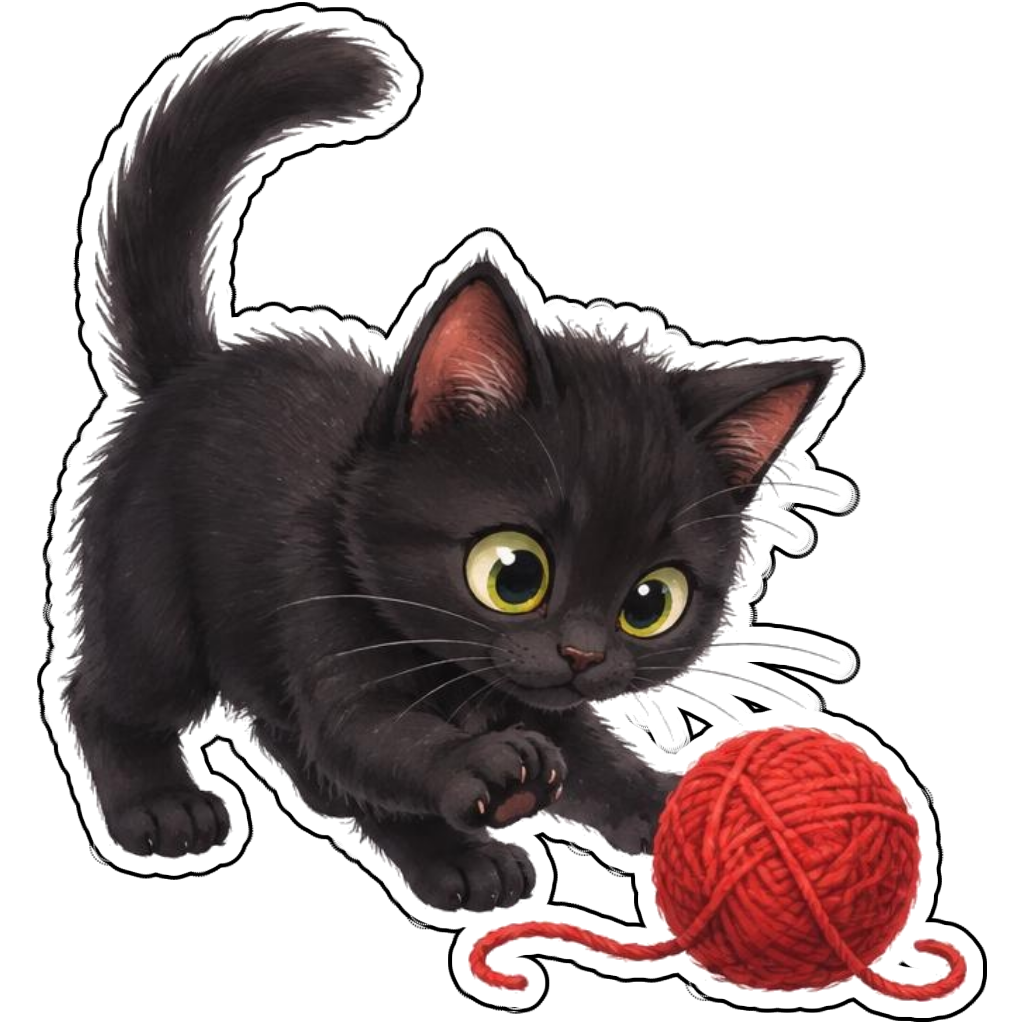 A black kitten batting a red yarn ball