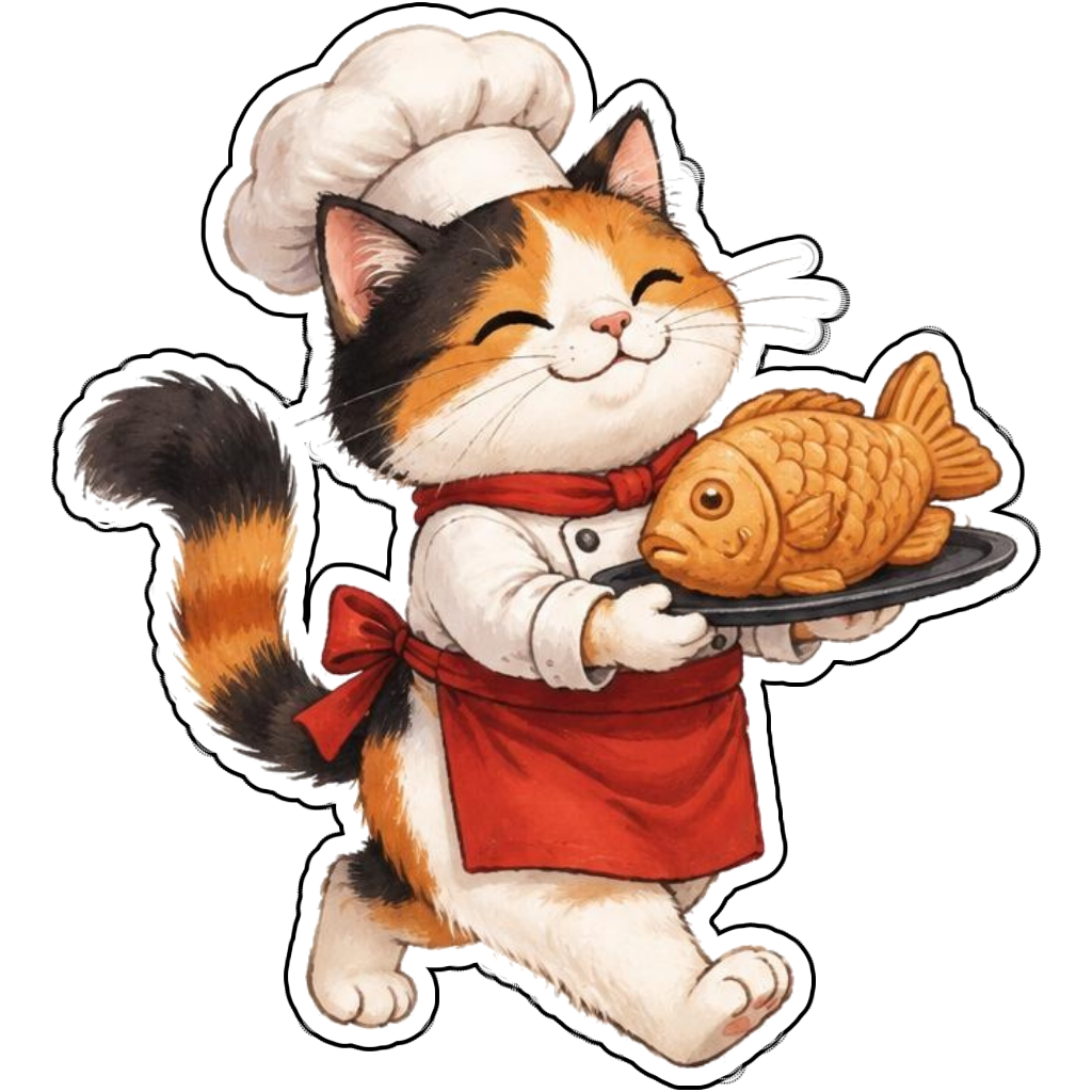 A calico chef carrying a fish-shaped cookie