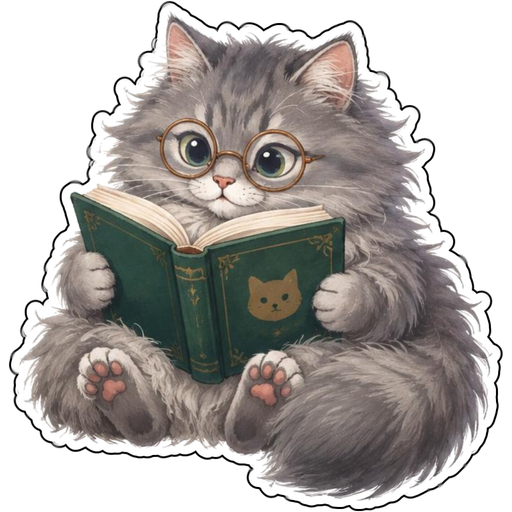 A fluffy gray cat reading a green book