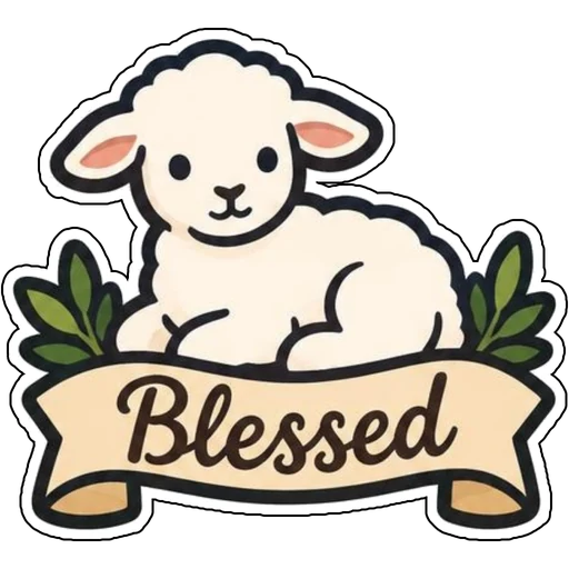 A lamb resting on a banner that says Blessed