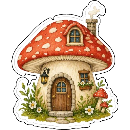 A red mushroom cottage with a tiny wooden door
