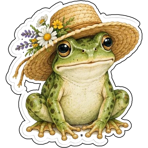 A frog wearing a flower-trimmed straw hat