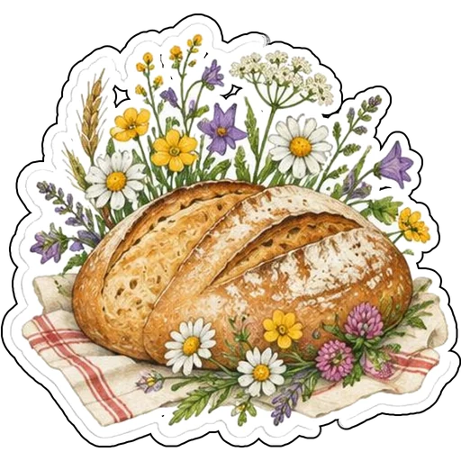 A rustic loaf of bread surrounded by wildflowers