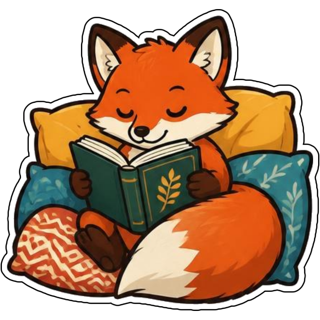 A fox reading a book on a stack of pillows