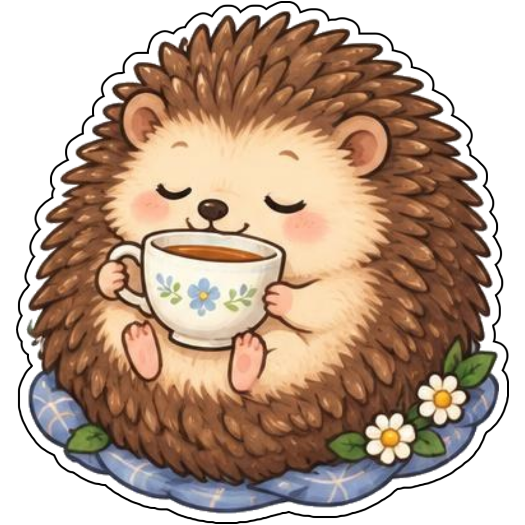 A hedgehog curled up with a teacup