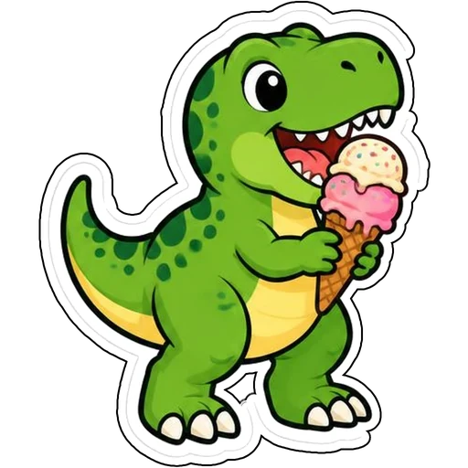 A green T-rex happily eating an ice cream cone