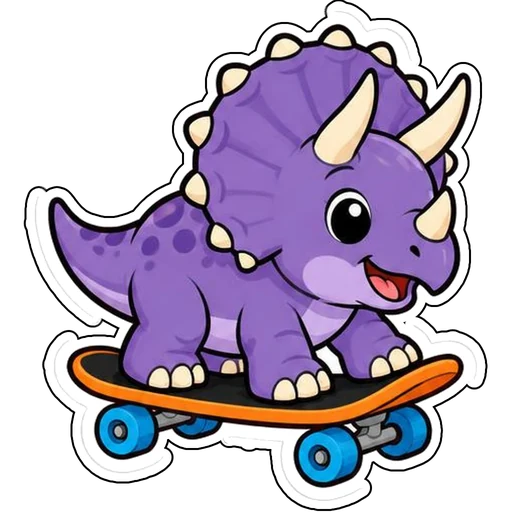 A purple triceratops riding a skateboard
