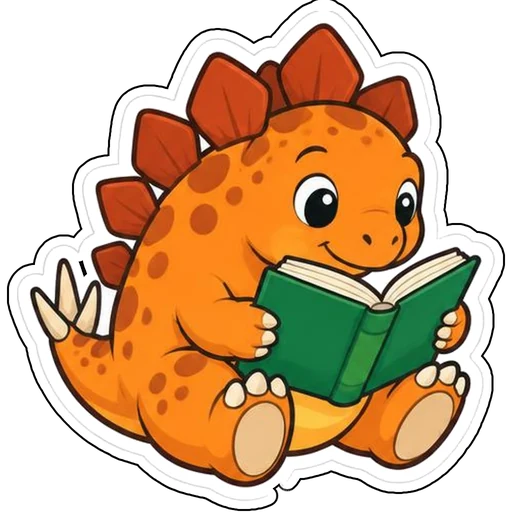 An orange stegosaurus reading a book