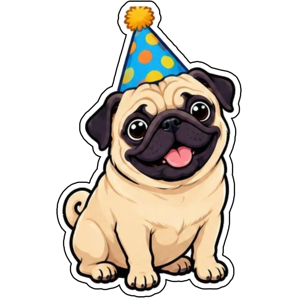 A pug wearing a tiny party hat