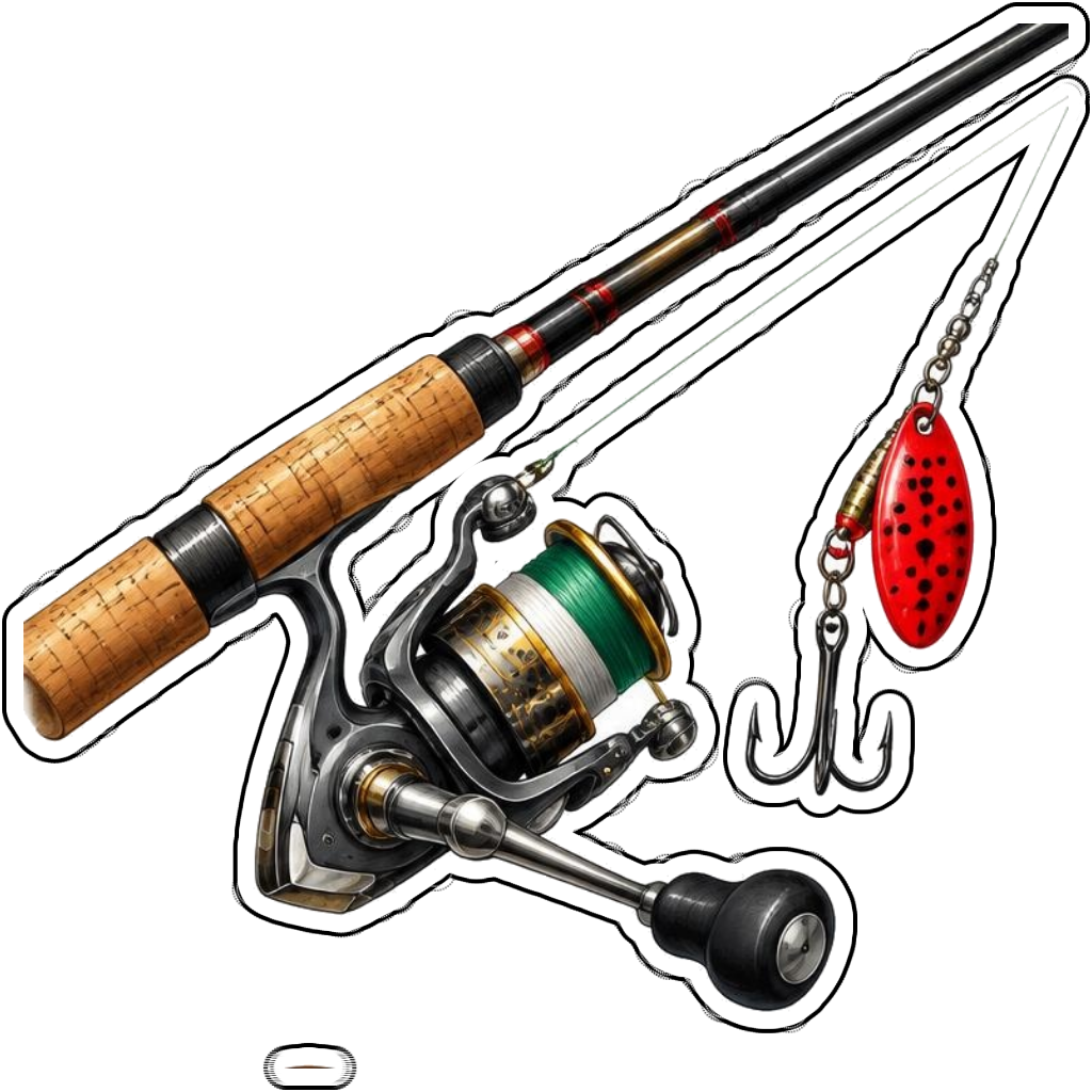 A fishing rod with a red lure and reel