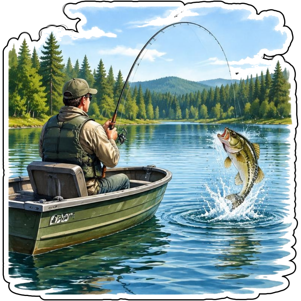 An angler in a small boat catching a bass