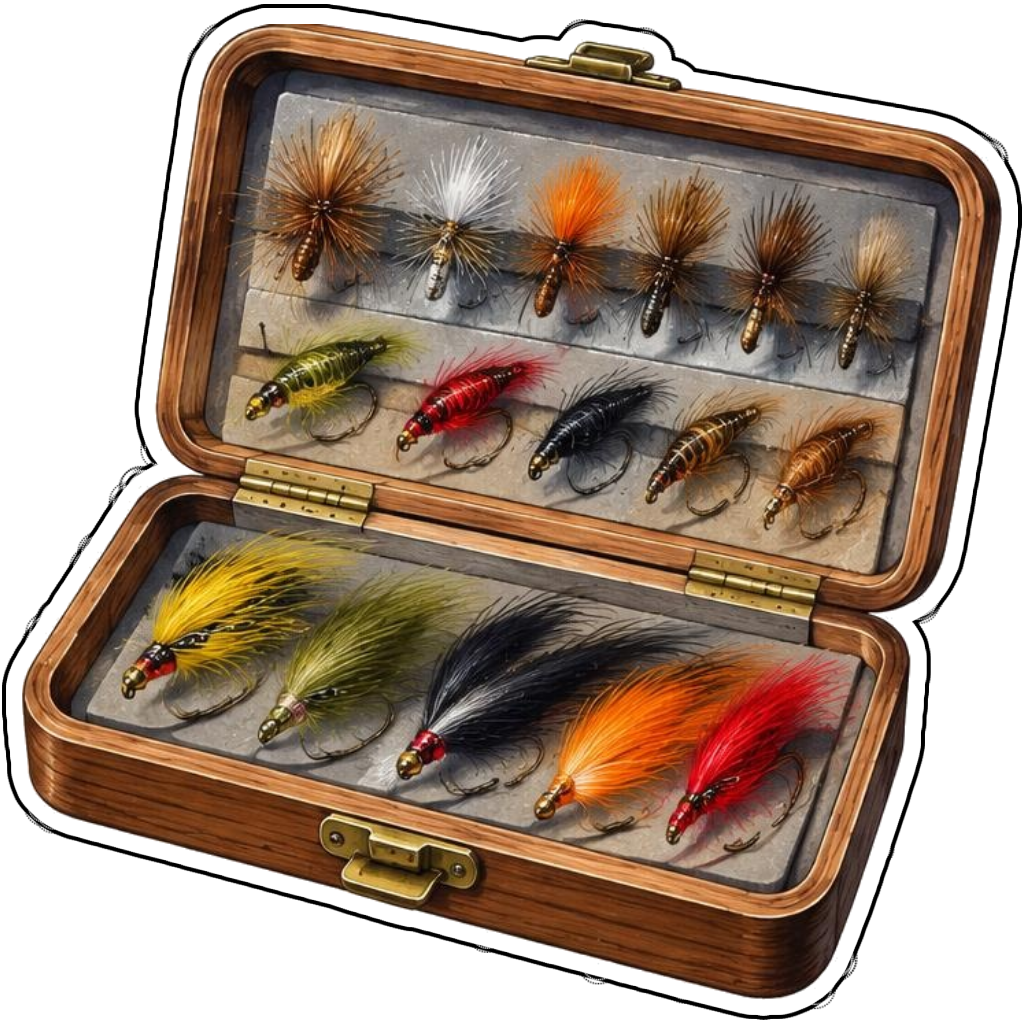 A fly-fishing tackle box with colorful flies