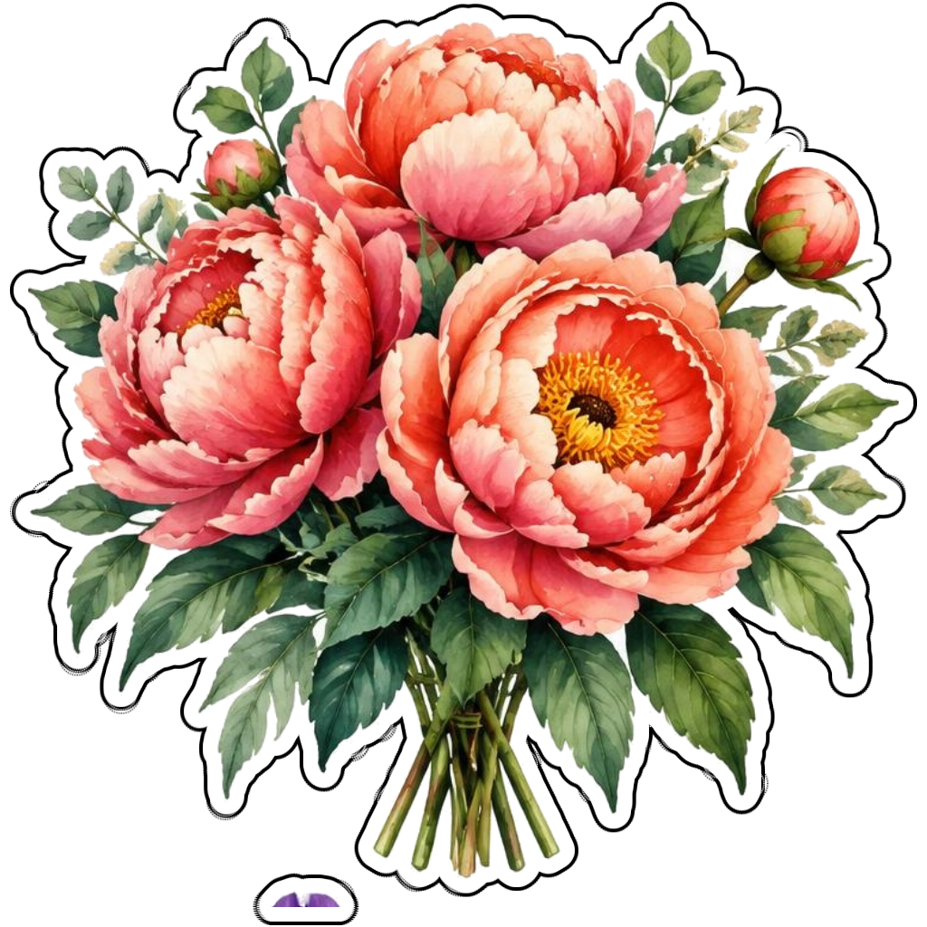 A coral peony bouquet tied with ribbon