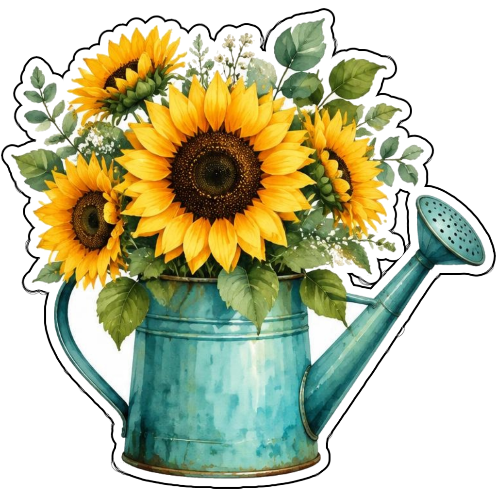 Golden sunflowers in a teal watering can