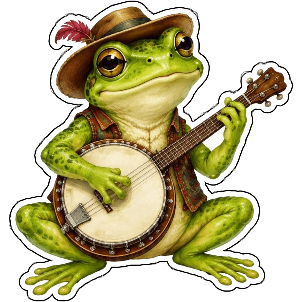 A green frog playing a banjo