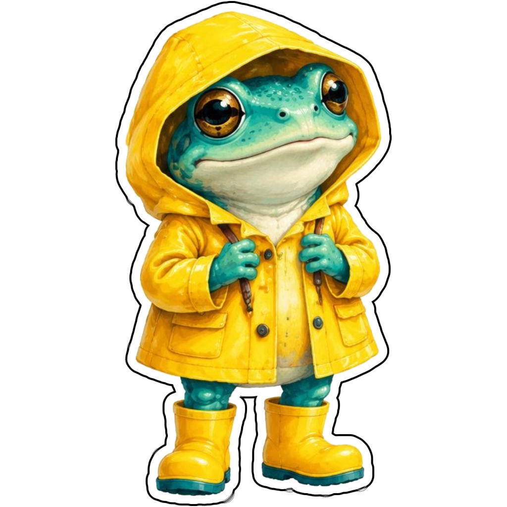 A turquoise frog wearing a yellow raincoat