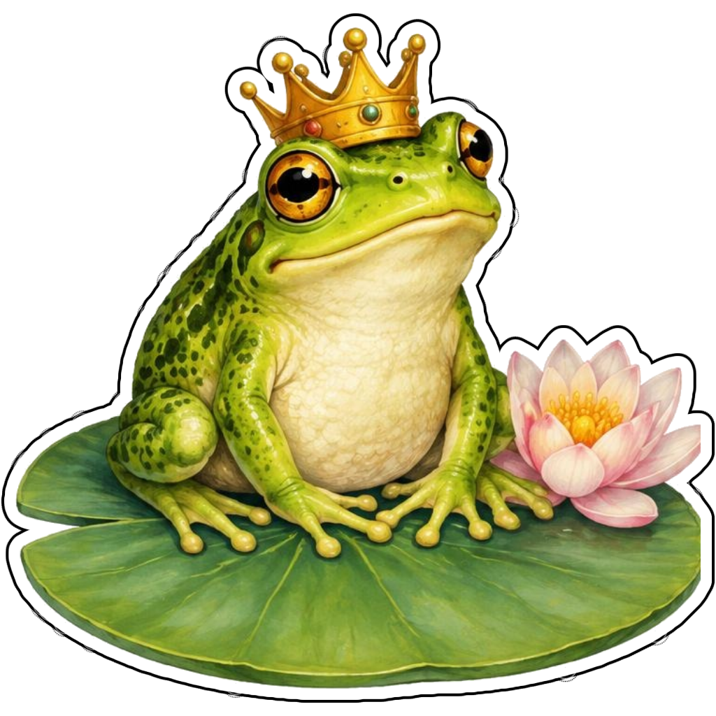 A frog prince sitting on a lily pad