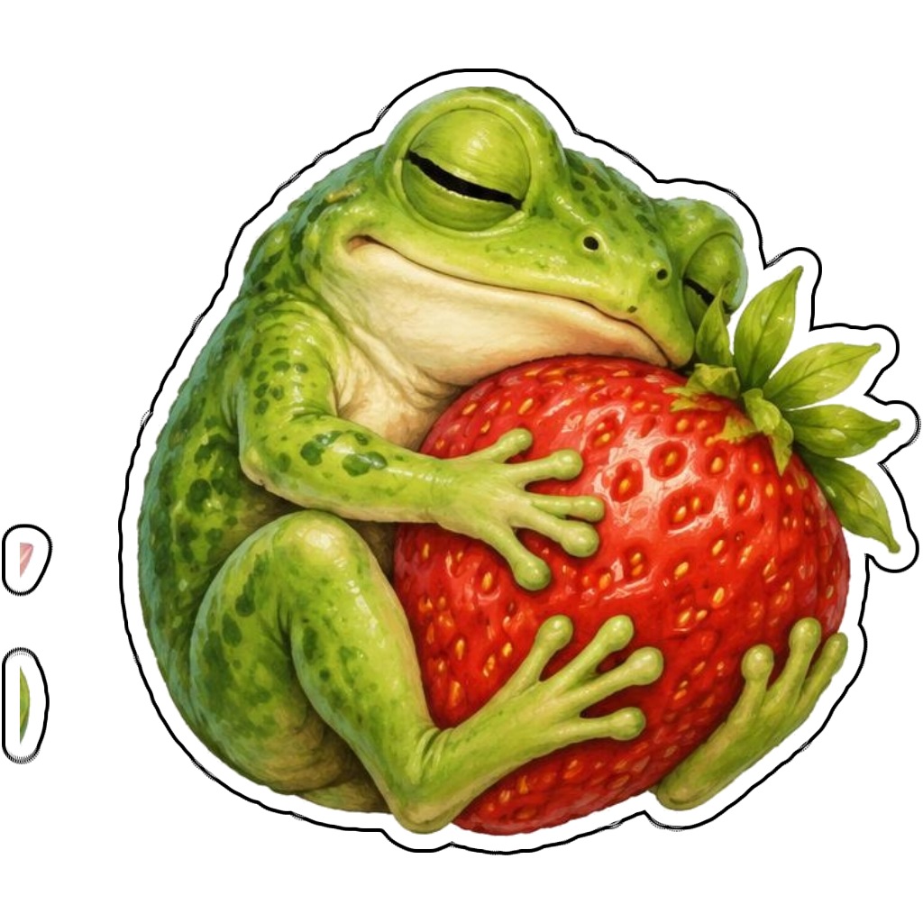 A sleepy frog hugging a strawberry