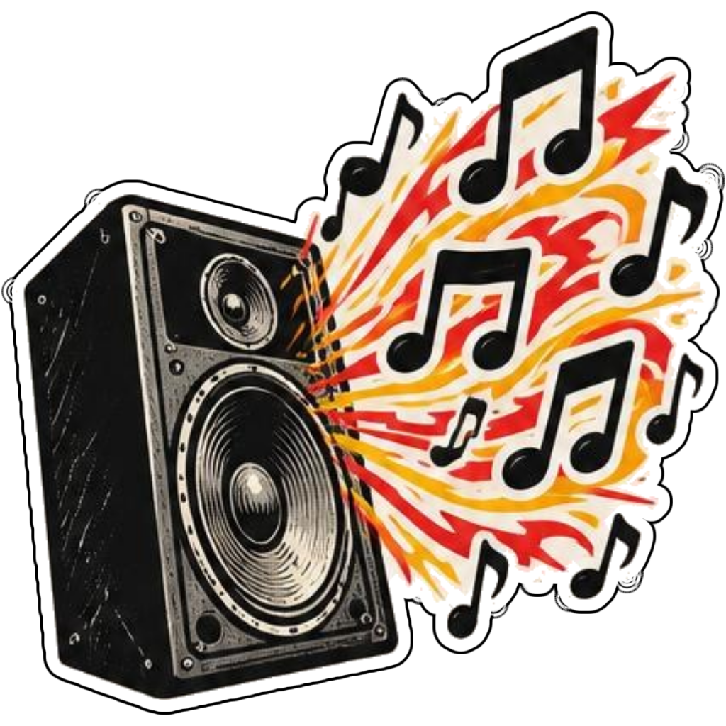 Musical notes flying out of a speaker