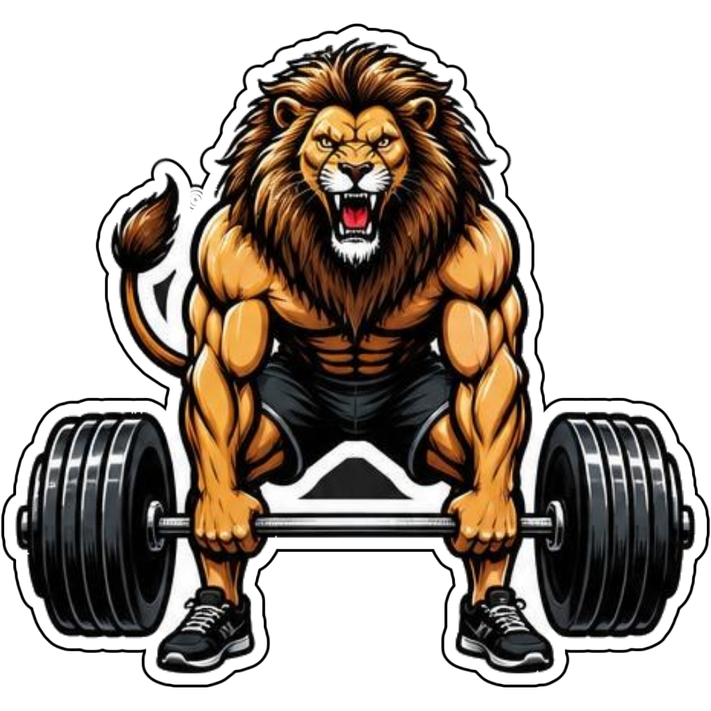 A lion lifting weights