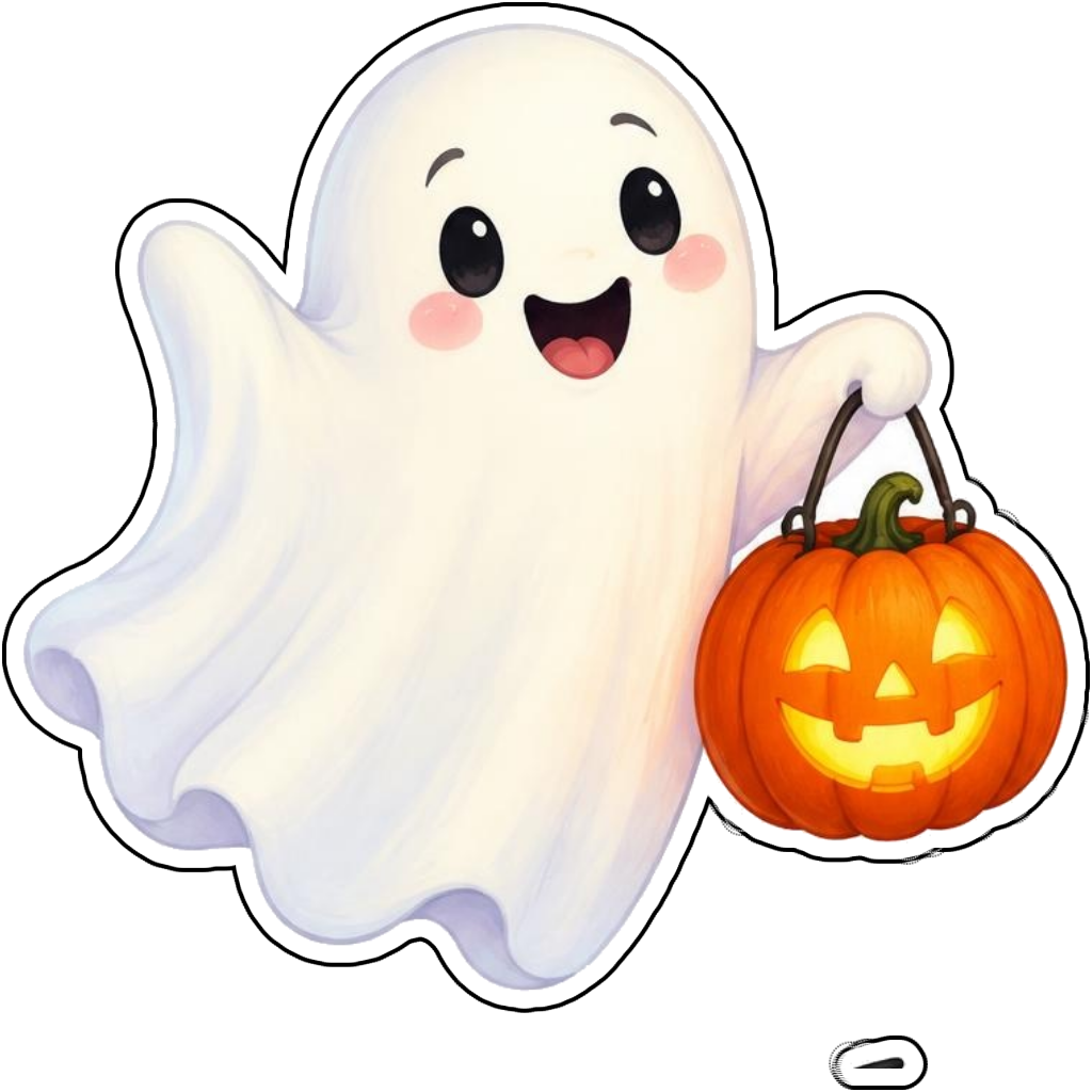 A friendly ghost holding a pumpkin lantern