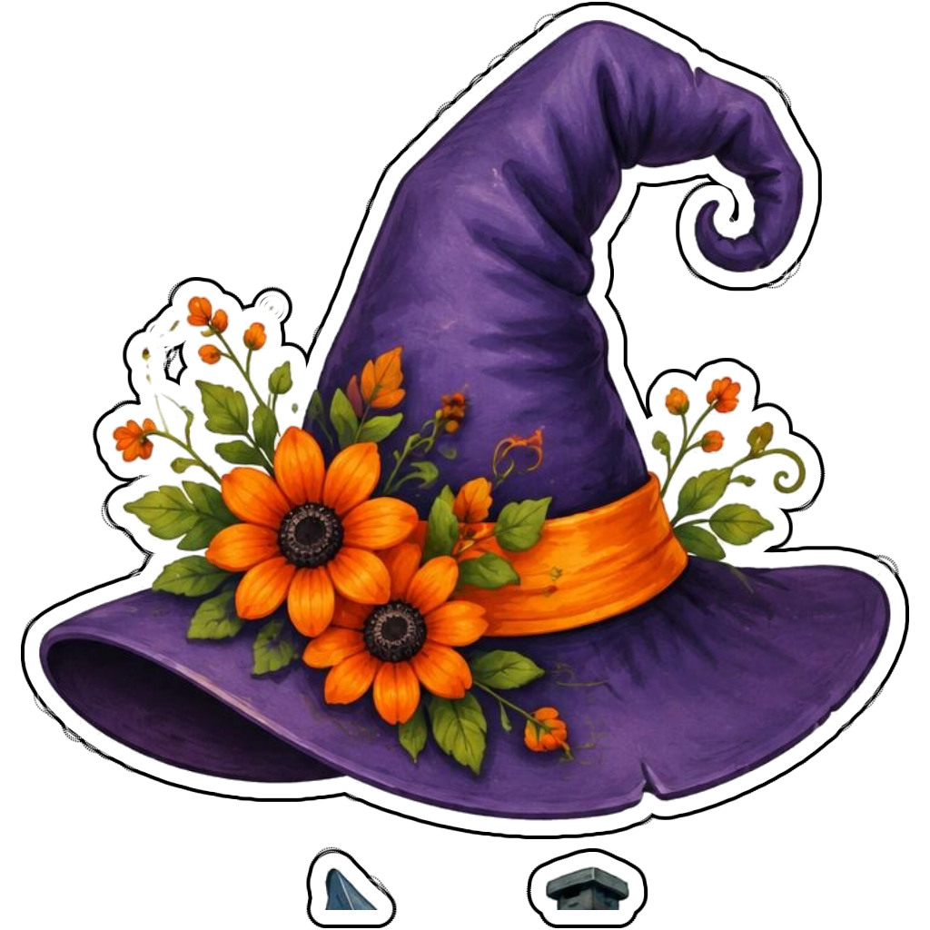 A purple witch hat decorated with orange flowers