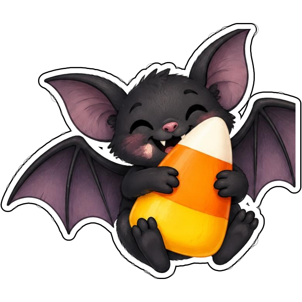 A smiling bat hugging candy corn